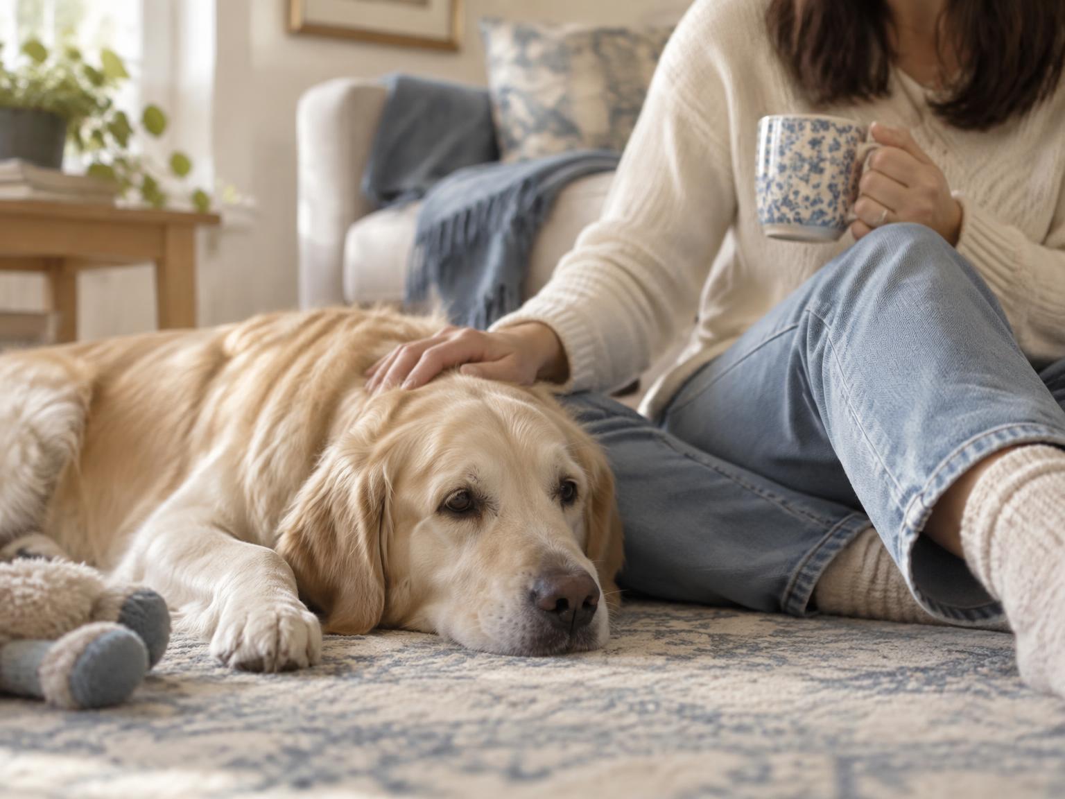 A pet owner sitting on the floor with a hand resting on their dog